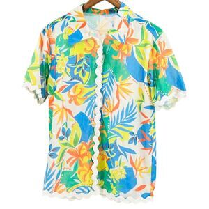 Vintage 70s Handmade Multicolor 100% Cotton Tropical Ric Rac Button Down Shirt